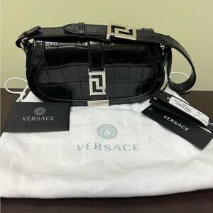 Versace Black & Silver Croc-Effect Greca Goddess Mini Shoulder Bag NEW